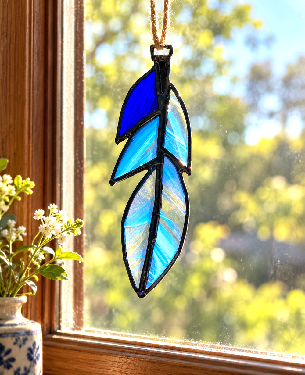 Stained Glass Feather Suncatcher Handmade Blue 5" Long